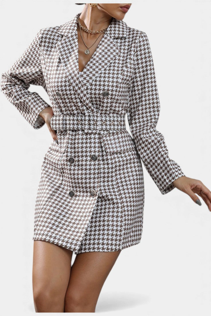Maddy Robe Tailleur à Carreaux Pied-de-Poule avec Revers et Ceinture