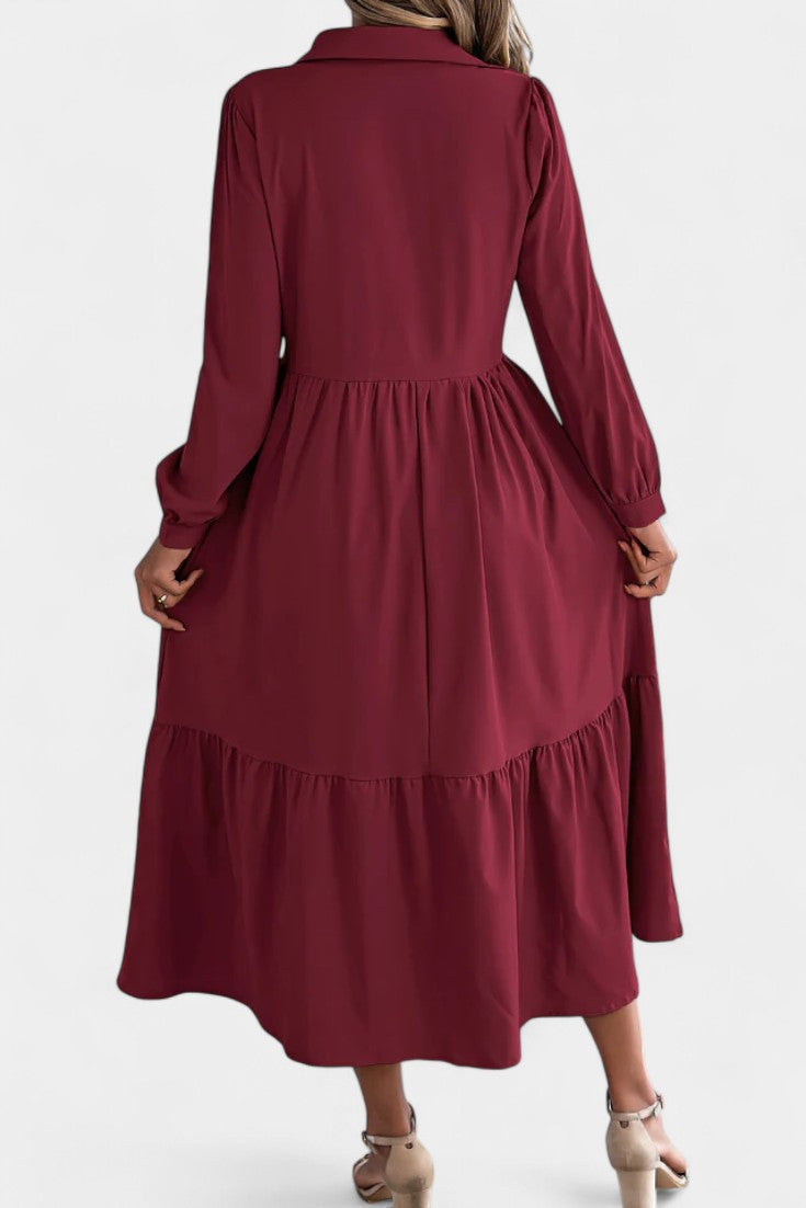 Jessica Robe Chemise Longue à Étages et Manches Longues Boutonnée