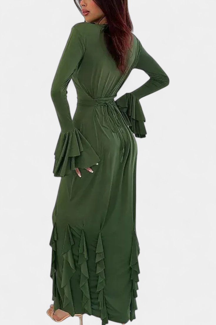Calissa Robe Longue Ajustée à Manches Évasées et Volants en Cascade
