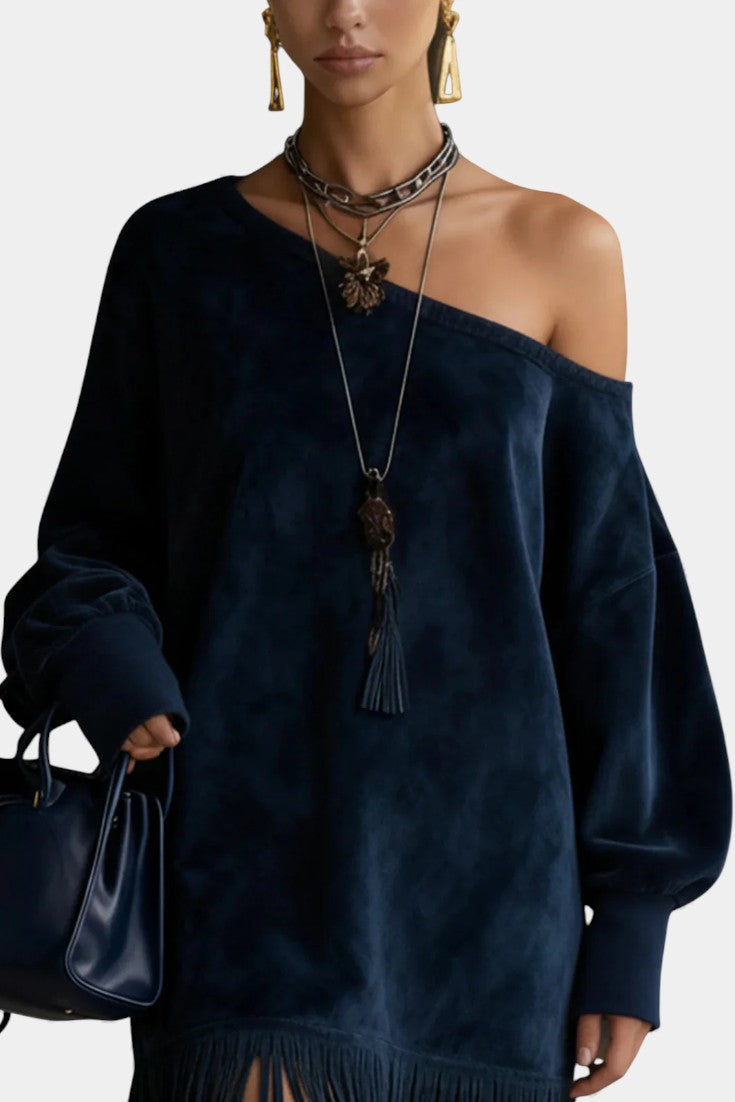 Iseult Robe en Suédine Marine à Épaules Dégagées et Ourlet Frangé