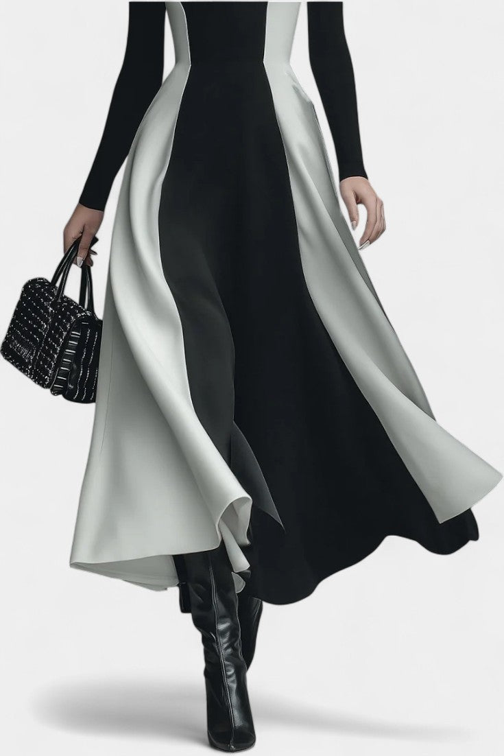 Malaurie Robe Midi Bicolore à Col Montant et Silhouette Évasée