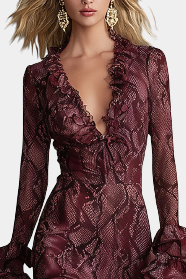 Amisana Robe Maxi en Chiffon Bordeaux à Motif Serpent et Volants