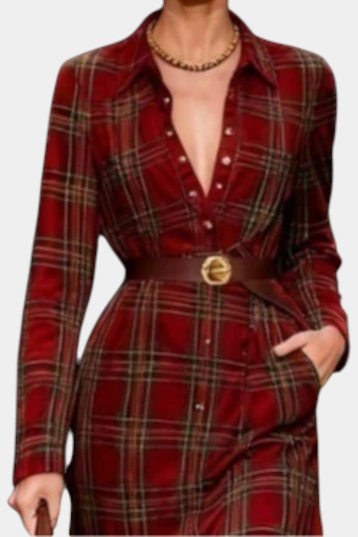 Lise Robe Chemise Longue à Carreaux Rouges avec Ceinture