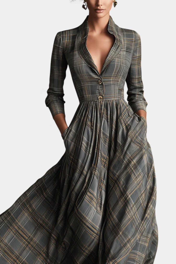 Philae Robe Longue Évasée à Motif Tartan Raffiné