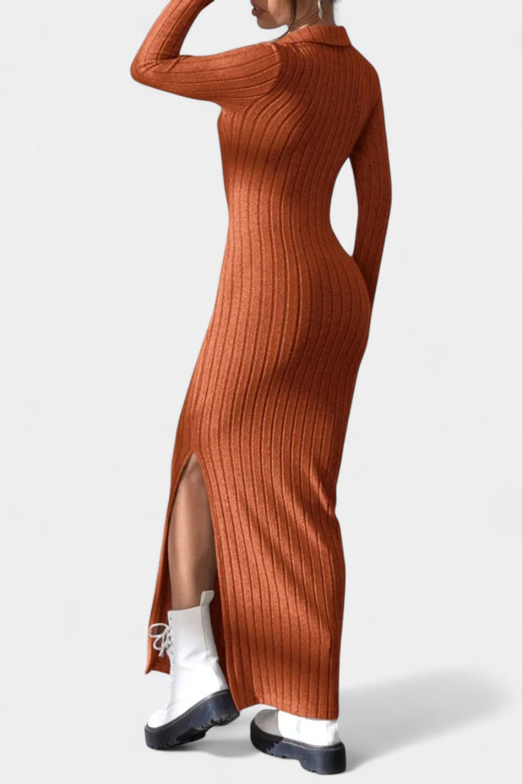 Élidia Robe Maxi Fendue à Col en V et Silhouette Ajustée