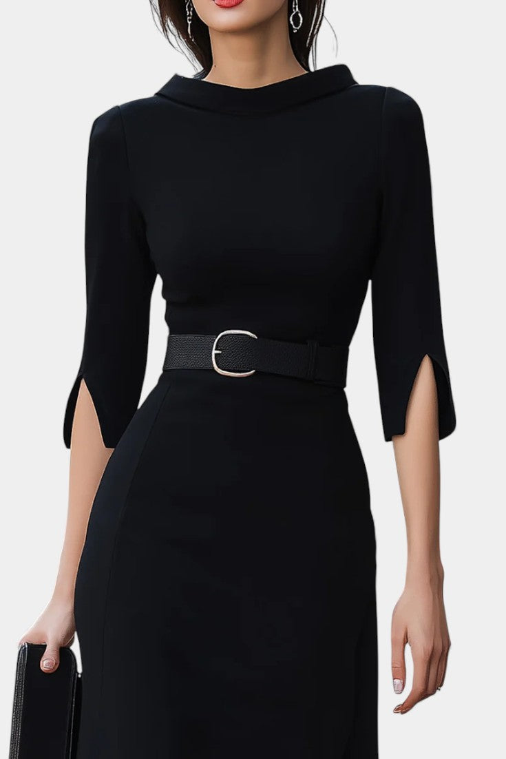 Diora Robe Midi Noire Élégante à Ceinture et Manches Fendues