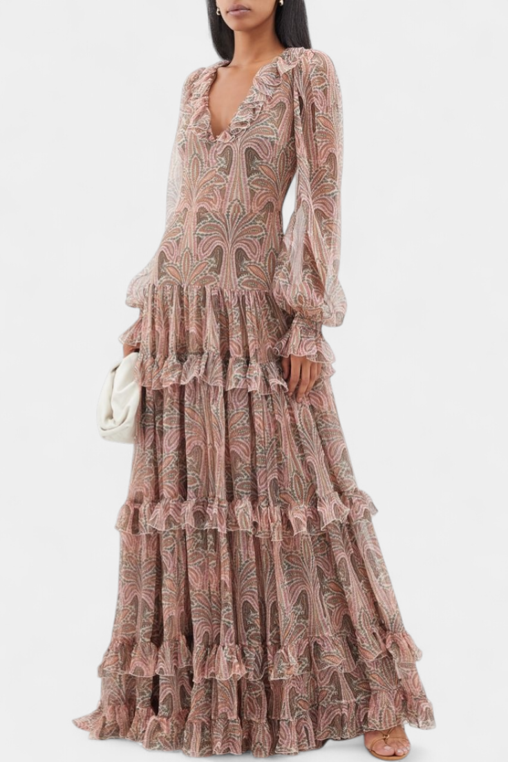 Ayla Robe Longue Volantée à Décolleté en V et Imprimé Paisley Bohème
