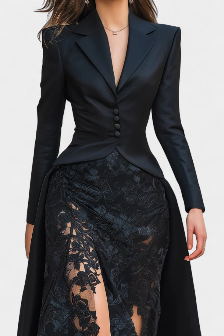 Flavienne Robe Blazer Longue en Satin et Dentelle Noire