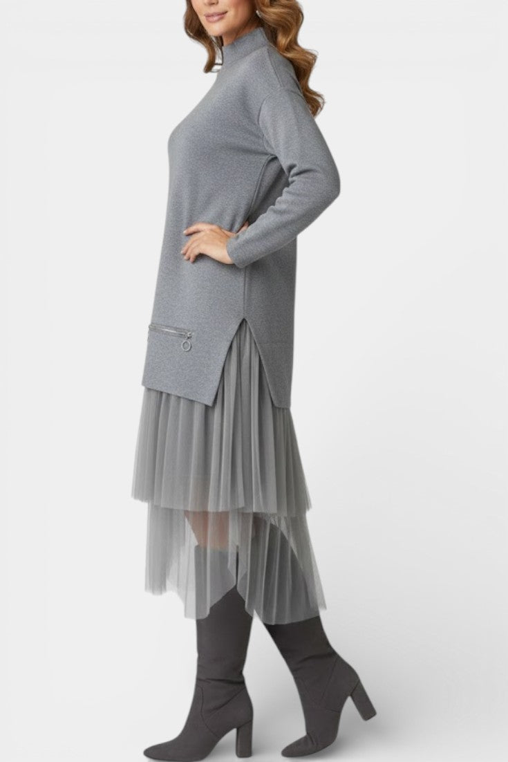 Fiorenza Robe Tricot et Tulle à Col Montant