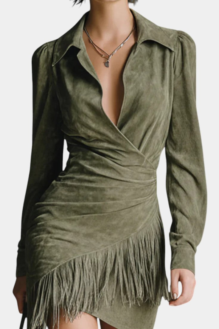 Ottilia Robe Mini Croisée en Suédine Vert Olive