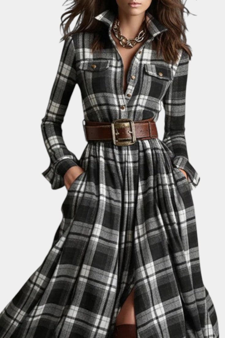 Eustelle Robe Maxi à Carreaux Noir avec Col