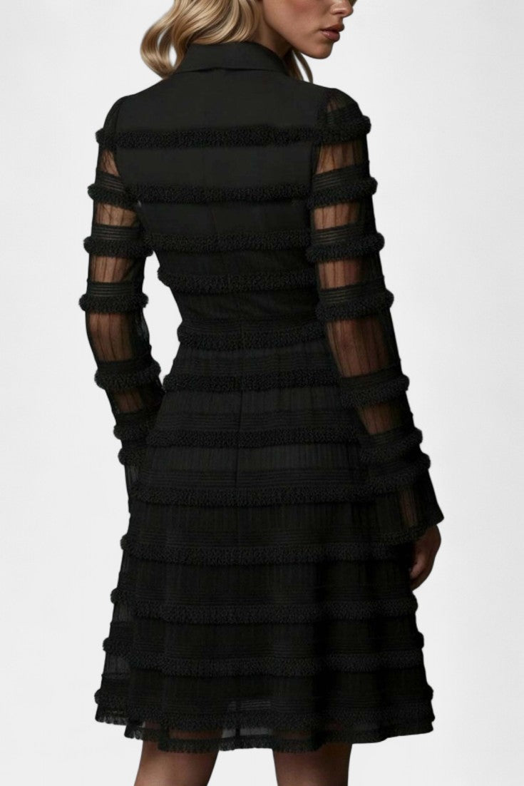 Émilienne Robe Courte Superposée Texturée Noire à Franges