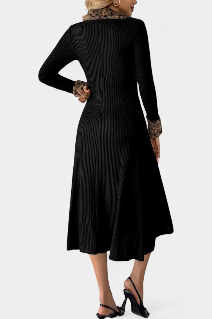 Héloïse Robe Midi Texturée Patchwork Léopard à Manches Longues