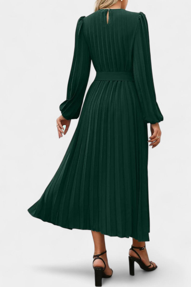 Christelle Robe Longue Plissée à Manches Bouffantes et Ceinture