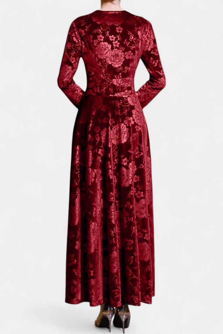 Ombeline Robe Longue en Velours à Col V et Motif Floral Texturé
