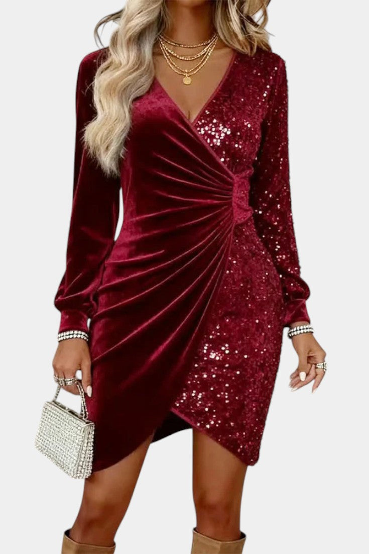 Taisila Robe en Velours à Paillettes et Décolleté Croisé