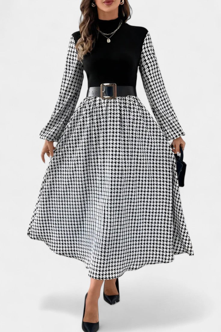 Lauriane Robe Midi Évasée à Col Montant et Motif Pied-de-Poule