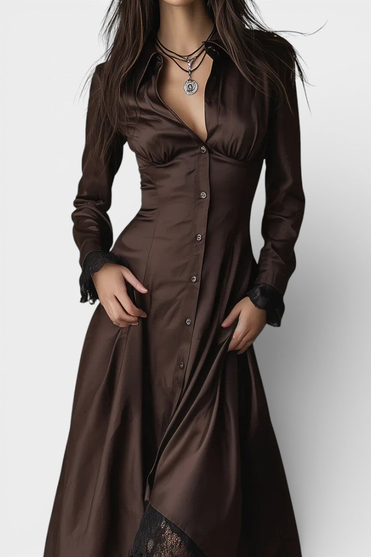 Liesel Robe Midi Évasée Chocolat à Panneaux de Dentelle