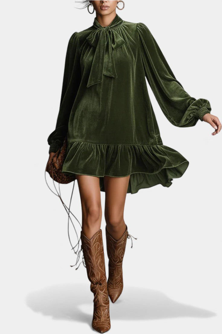 Albertine Robe Mini en Velours Ample avec Col Nœud Papillon