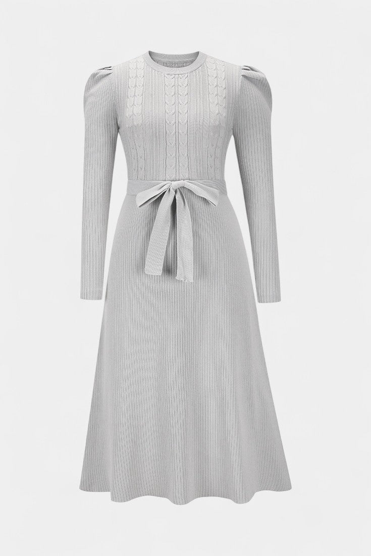 Évoria Robe Pull Midi Tricotée à Manches Bouffantes et Détail Lacé