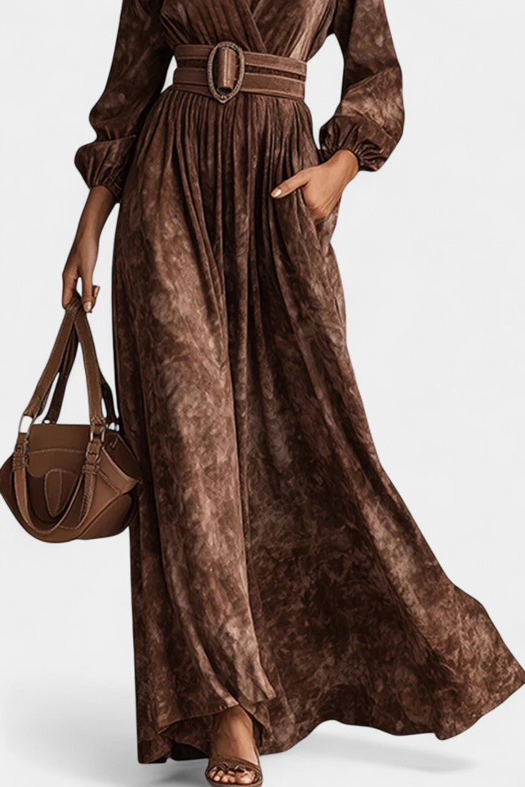 Myrtille Robe Maxi en Velours Chocolat à Col en V