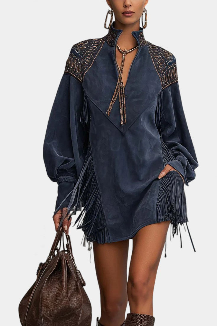 Féline Robe Mini Indigo à Col Montant, Broderies et Franges