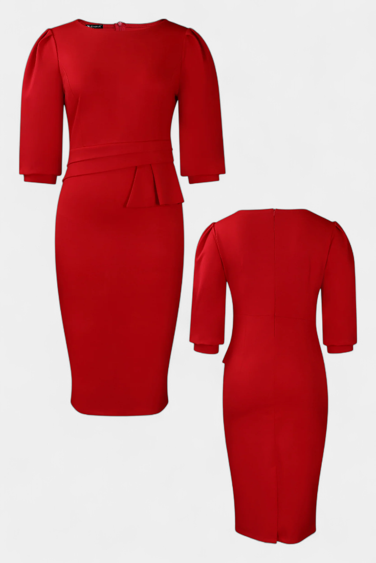 Reanna Robe Midi Ajustée à Manches Bouffantes