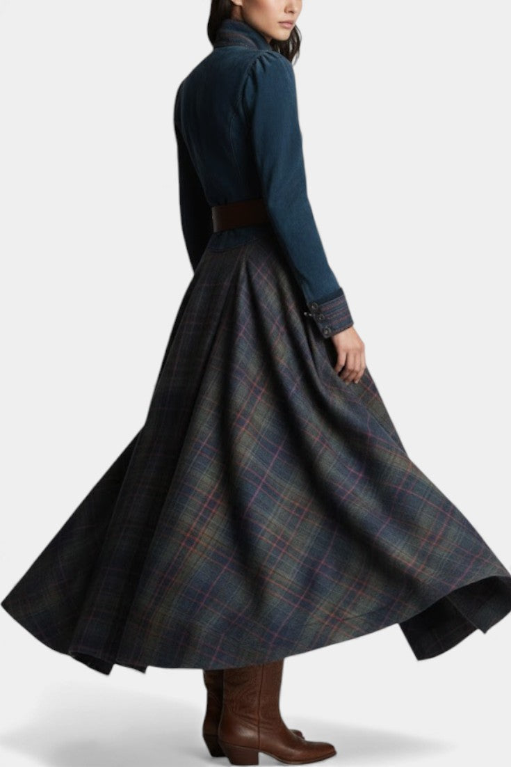 Liza Robe Maxi à Carreaux en Suède au Style Ethnique Rétro