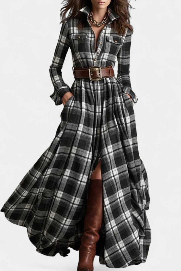 Eustelle Robe Maxi à Carreaux Noir avec Col
