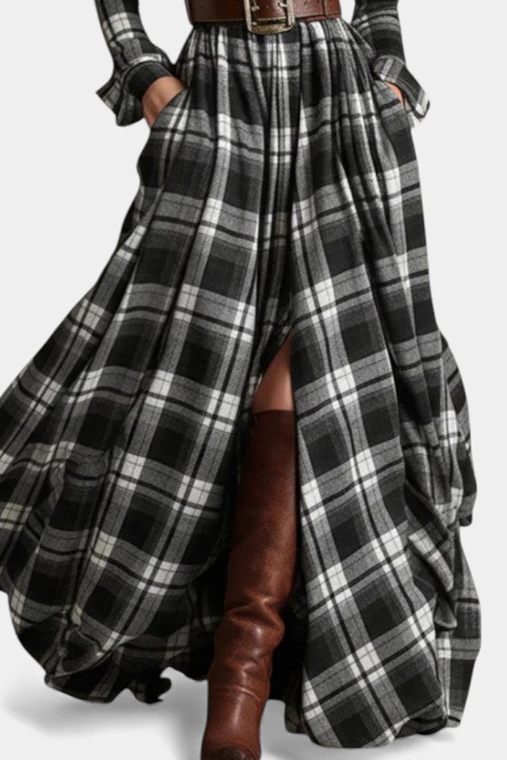 Eustelle Robe Maxi à Carreaux Noir avec Col