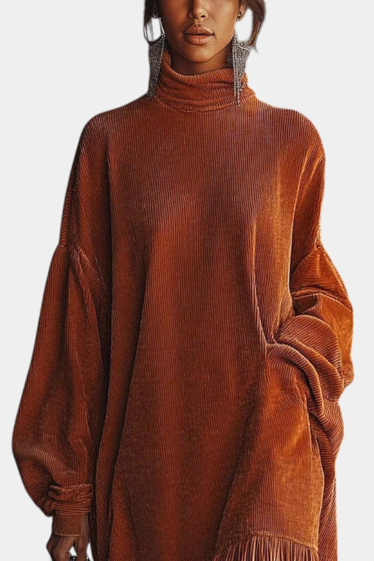Régine Robe en Velours Côtelé Orange à Col Haut et Ourlet Frangé