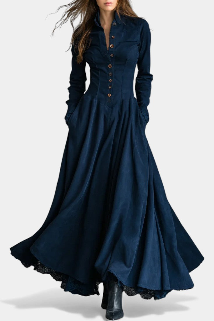 Maravilla Robe Longue en Suédine avec Col Chemise et Dentelle