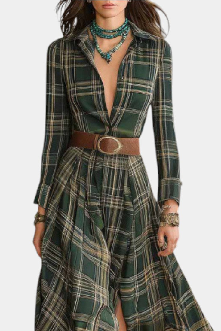 Alyona Robe Maxi Western Chic à Carreaux Vert Profond