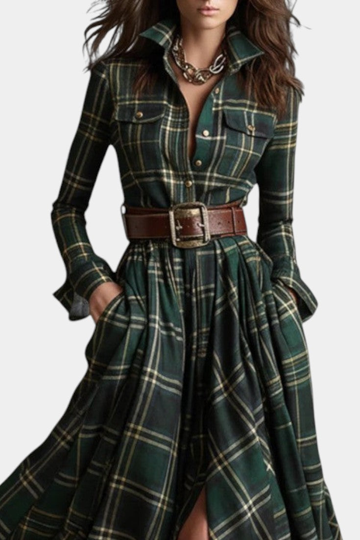 Eustelle Robe Maxi à Carreaux Vert avec Col