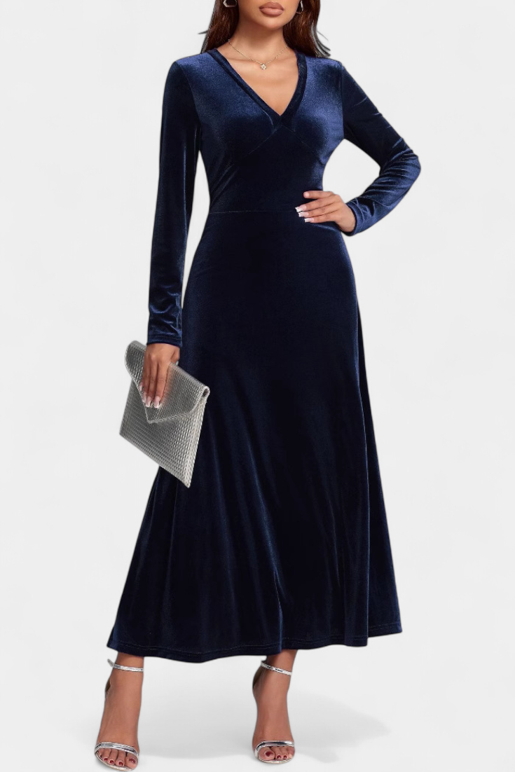 Alizée Robe Longue en Velours à Col en V et Coupe Évasée