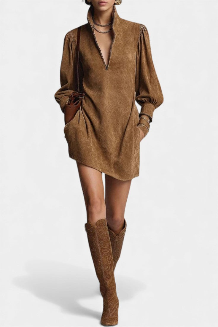 Solveig Robe Mini en Suède Marron à Col Roulé et Fermeture Éclair