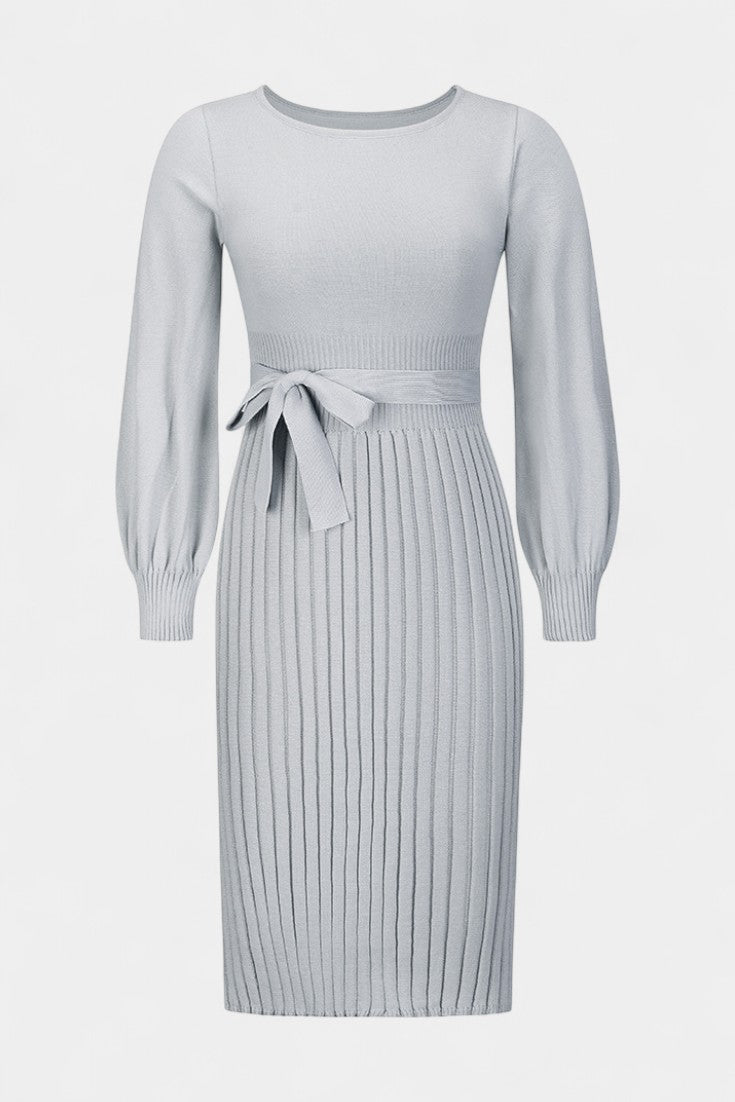 Chloéria Robe Pull Midi Plissée à Ceinture et Maille Côtelée