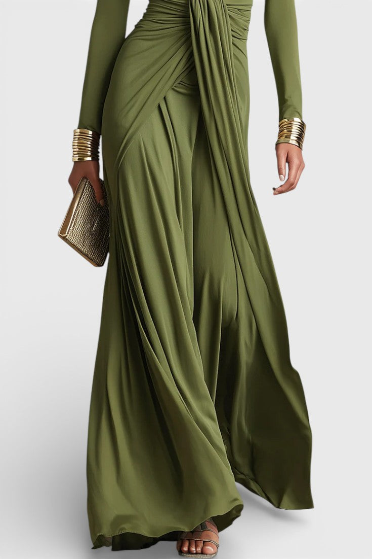 Sylvie Robe Longue Plissée Glamour Vert Olive à Décolleté Profond