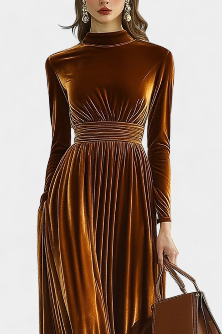 Doryane Robe Maxi en Velours à Col Montant et Manches Longues