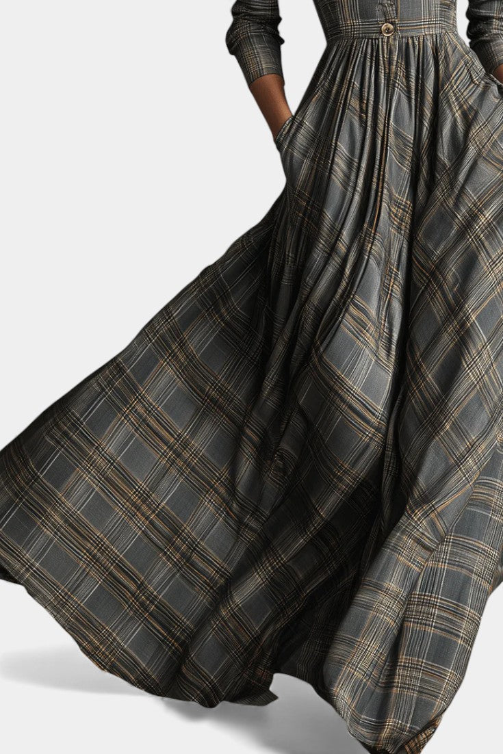 Philae Robe Longue Évasée à Motif Tartan Raffiné