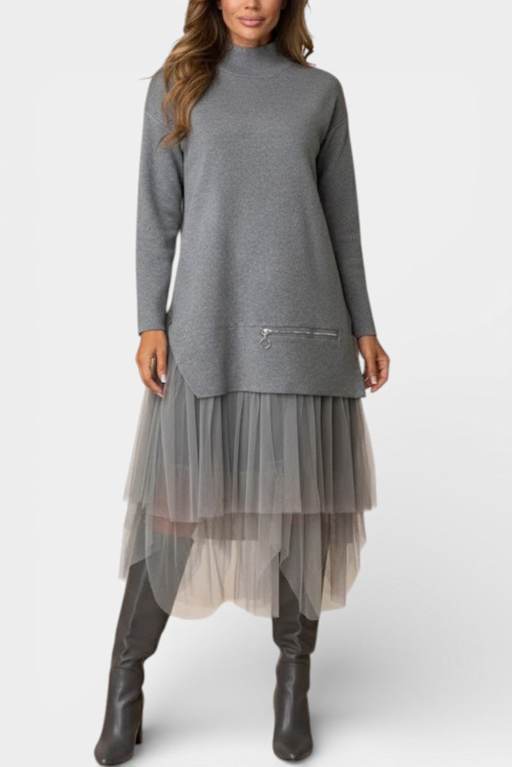 Fiorenza Robe Tricot et Tulle à Col Montant