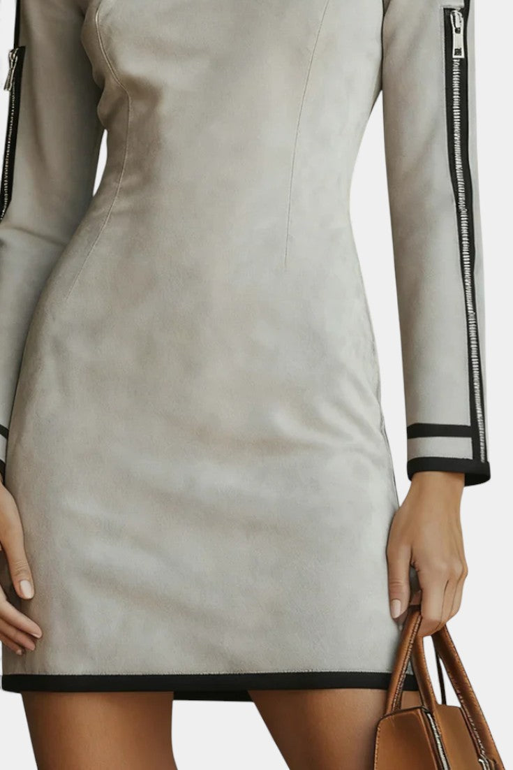 Laodice Robe Mini Gris Clair à Col Montant et Détails Zippés