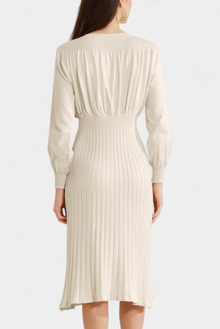 Arsina Robe Pull Midi Côtelée à Manches Lanterna et Col Rond