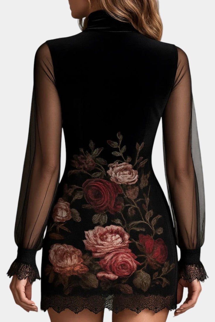 Kessy Robe Mini en Tulle avec Imprimé Rose en Velours et Dentelle