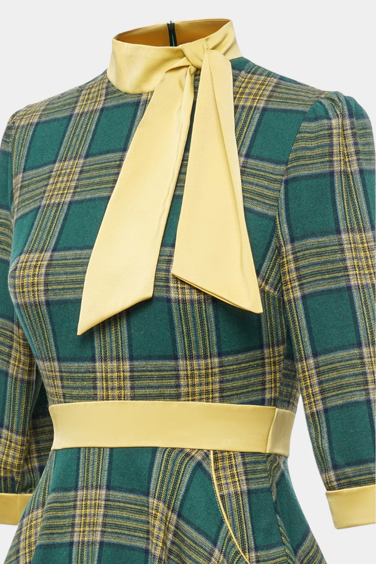 Suzette Robe A-Line à Carreaux avec Nœud Lavallière et Manches 3/4