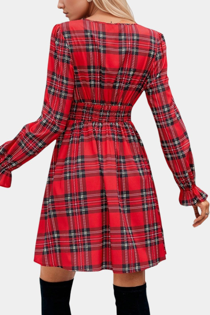 Suzel Robe Mini Évasée à Nœud Plaid et Décolleté V Festif