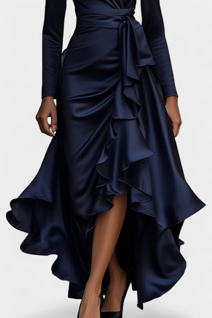 Isabeau Robe en Satin à Ourlet Volanté et Ceinture Ajustable