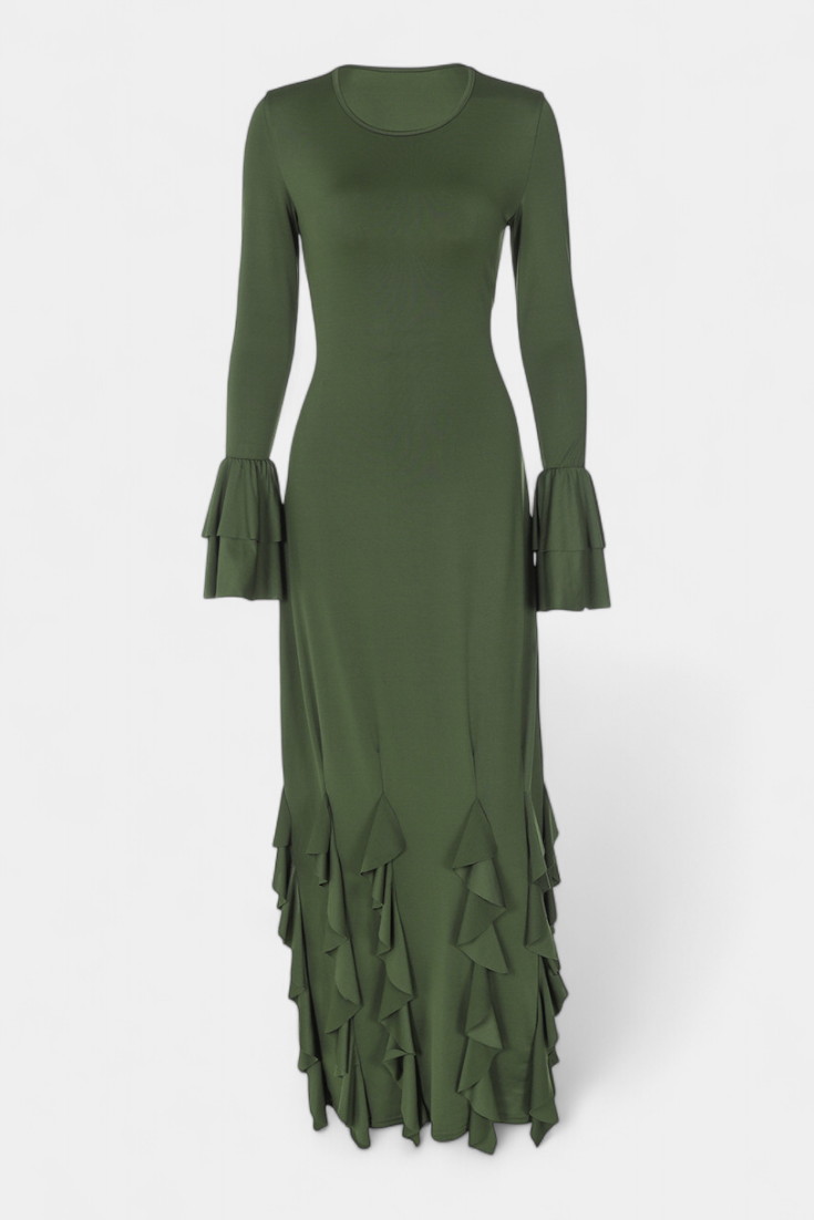Calissa Robe Longue Ajustée à Manches Évasées et Volants en Cascade