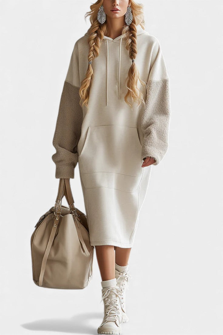Ivayla Robe Midi Sweat à Capuche en Polaire Beige