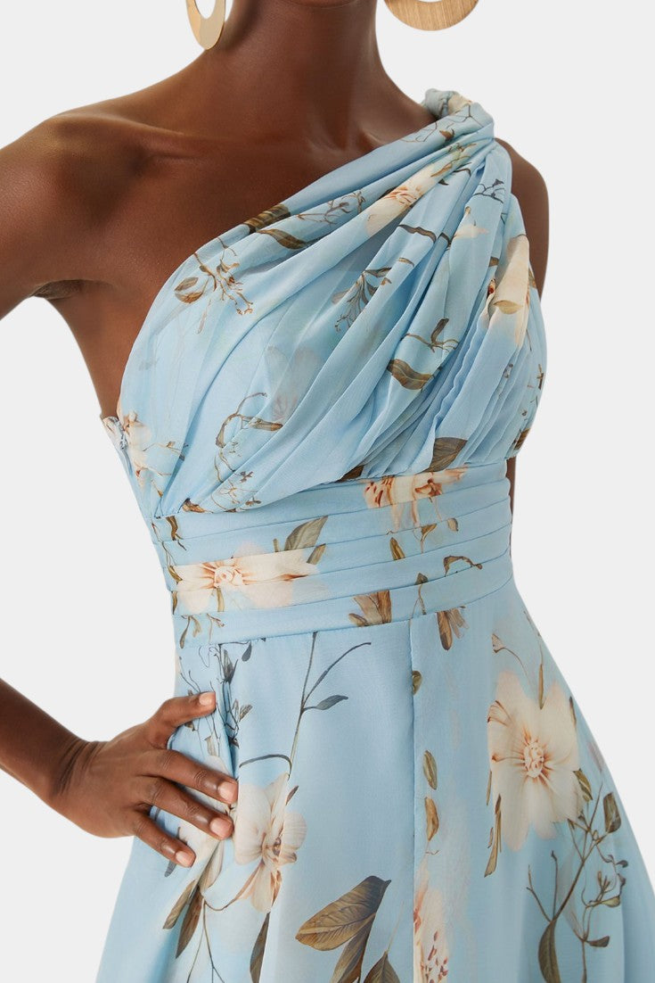 Lenay Robe Longue en Chiffon Plissé Fleuri Bleu Clair à Une Épaule